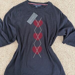Tommy Hilfiger navy blue sweater with red and silver sparkle pattern